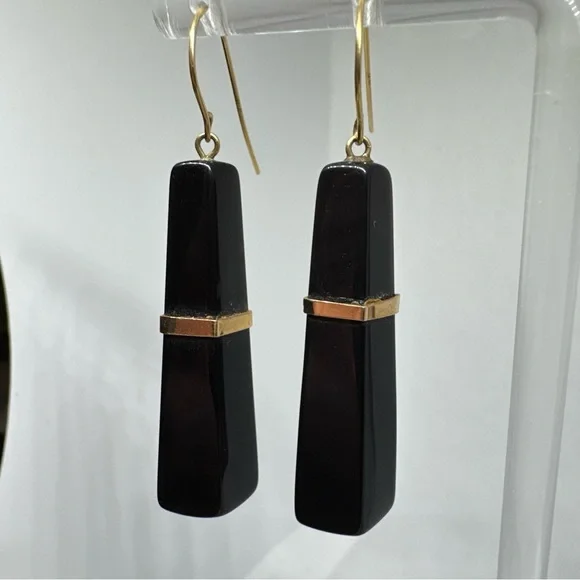 Vtg 14k Yellow Gold Dangling Earrings With Black Onyx Stone Stunning Fish Hook - Picture 4 of 16